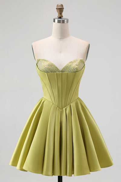 Sparkly Green Satin Sweetheart A-Line Short Prom Dress with Beading