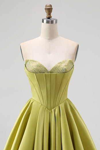 Sparkly Green Satin Sweetheart A-Line Short Prom Dress with Beading
