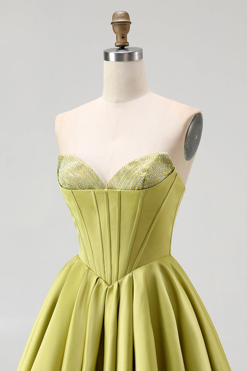 Load image into Gallery viewer, Sparkly Green Satin Sweetheart A-Line Short Prom Dress with Beading