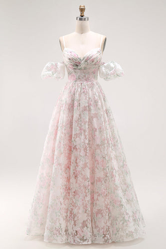 Blush Floral Detachable Sleeves A Line Long Prom Dress