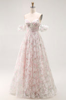 Load image into Gallery viewer, Blush Floral Detachable Sleeves A Line Long Prom Dress