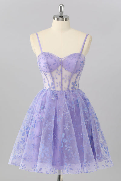 Sparkly Purple A Line Floral Short Corset Prom Dress