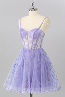 Load image into Gallery viewer, Sparkly Purple A Line Floral Short Corset Prom Dress