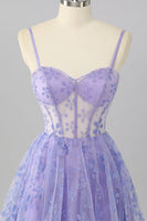 Load image into Gallery viewer, Sparkly Purple A Line Floral Short Corset Prom Dress