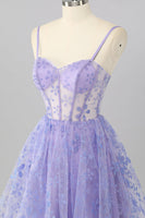 Load image into Gallery viewer, Sparkly Purple A Line Floral Short Corset Prom Dress