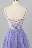 Load image into Gallery viewer, Sparkly Purple A Line Floral Short Corset Prom Dress