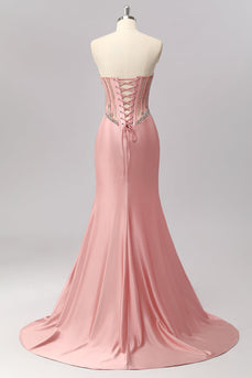 Sparkly Blush Corset Strapless Mermaid Long Prom Dress with Slit