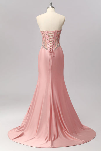 Sparkly Blush Corset Strapless Mermaid Long Prom Dress with Slit