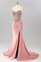 Load image into Gallery viewer, Sparkly Blush Corset Strapless Mermaid Long Prom Dress with Slit