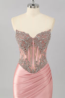 Load image into Gallery viewer, Sparkly Blush Corset Strapless Mermaid Long Prom Dress with Slit
