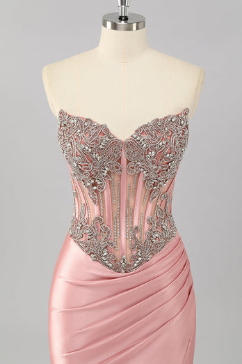 Sparkly Blush Corset Strapless Mermaid Long Prom Dress with Slit