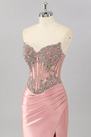 Load image into Gallery viewer, Sparkly Blush Corset Strapless Mermaid Long Prom Dress with Slit