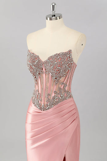 Sparkly Blush Corset Strapless Mermaid Long Prom Dress with Slit