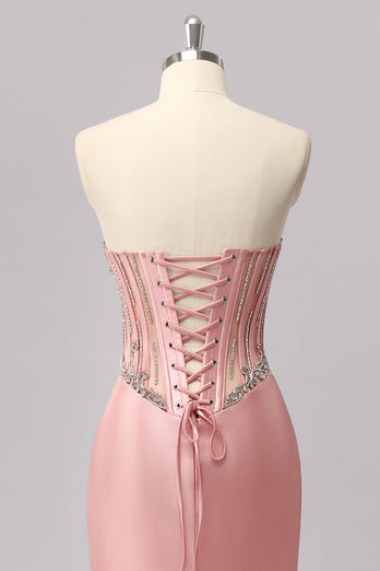 Sparkly Blush Corset Strapless Mermaid Long Prom Dress with Slit
