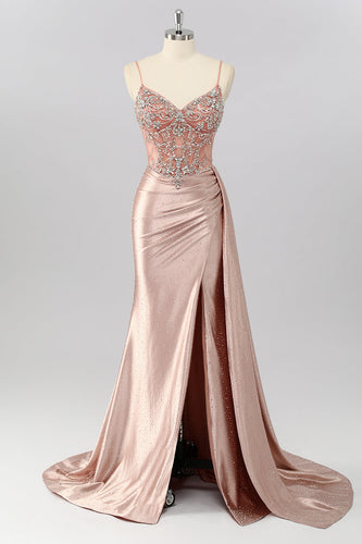 Sparkly Blush Beaded Mermaid Long Corset Prom Dress with Slit
