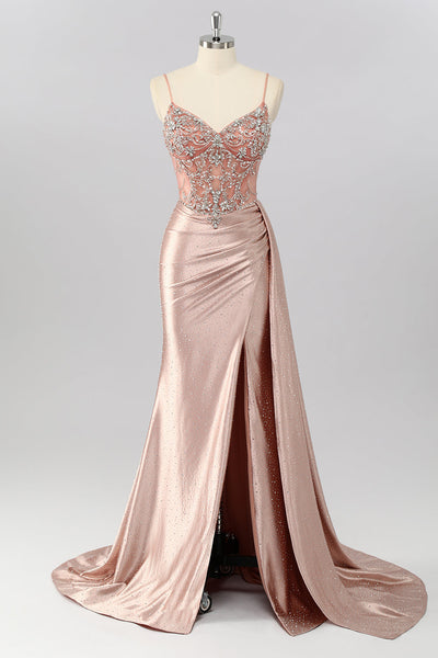 Sparkly Blush Beaded Mermaid Long Corset Prom Dress with Slit
