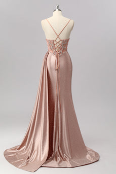 Sparkly Blush Beaded Mermaid Long Corset Prom Dress with Slit