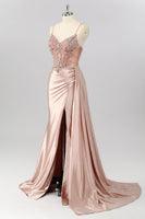 Load image into Gallery viewer, Sparkly Blush Beaded Mermaid Long Corset Prom Dress with Slit