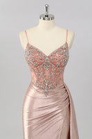 Load image into Gallery viewer, Sparkly Blush Beaded Mermaid Long Corset Prom Dress with Slit