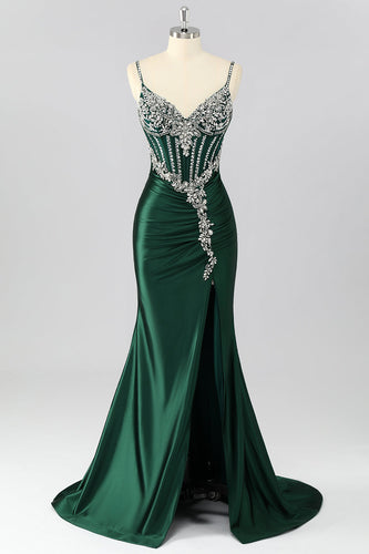 Sparkly Dark Green Mermaid Long Corset Prom Dress with Beading