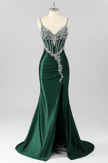 Sparkly Dark Green Mermaid Long Corset Prom Dress with Beading
