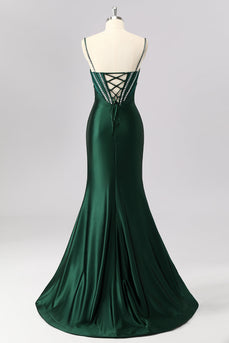 Sparkly Dark Green Mermaid Long Corset Prom Dress with Beading