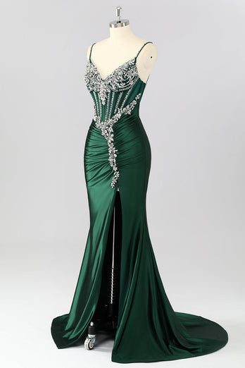 Sparkly Dark Green Mermaid Long Corset Prom Dress with Beading