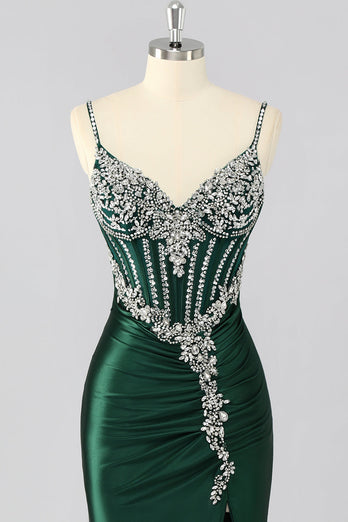 Sparkly Dark Green Mermaid Long Corset Prom Dress with Beading