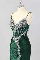 Load image into Gallery viewer, Sparkly Dark Green Mermaid Long Corset Prom Dress with Beading