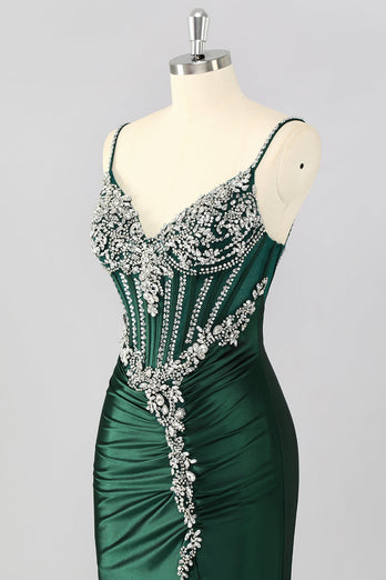 Sparkly Dark Green Mermaid Long Corset Prom Dress with Beading