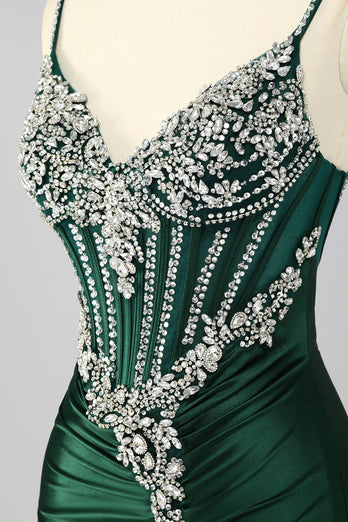 Sparkly Dark Green Mermaid Long Corset Prom Dress with Beading