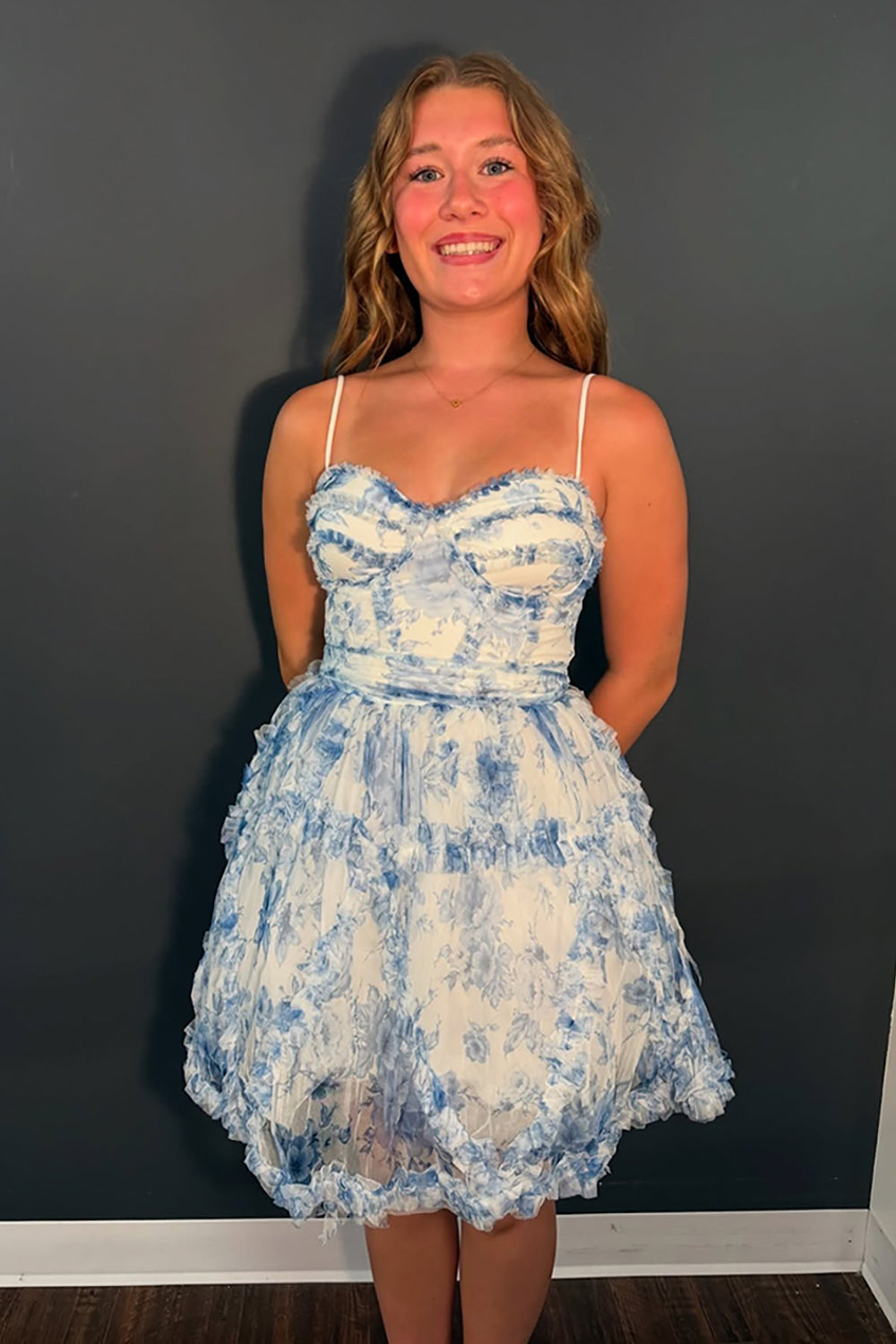 Blue Floral A-Line Spaghetti Straps Short Prom Dress with Ruffles