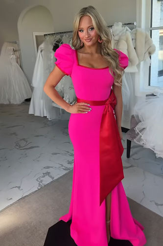 Fuchsia Mermaid Square Neck Puff Sleeves Long Prom Dress with Bow