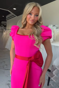 Fuchsia Mermaid Square Neck Puff Sleeves Long Prom Dress with Bow