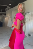 Load image into Gallery viewer, Fuchsia Mermaid Square Neck Puff Sleeves Long Prom Dress with Bow