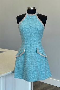 Blue Halter Tweed A-Line Short Prom Dress with Pockets