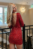 Load image into Gallery viewer, Sparkly Red V-Neck Sequin Long Sleeves Tight Mini Prom Dress