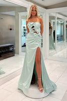 Load image into Gallery viewer, Sage Green Satin Cut Out Strapless Mermaid Long Prom Dress with Slit