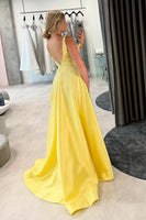 Load image into Gallery viewer, Sparkly Yellow Satin V-Neck A-Line Long Prom Dress with Beading