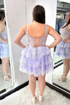 Lilac Thick Straps Lace Ruffled A-Line Short Corset Prom Dress