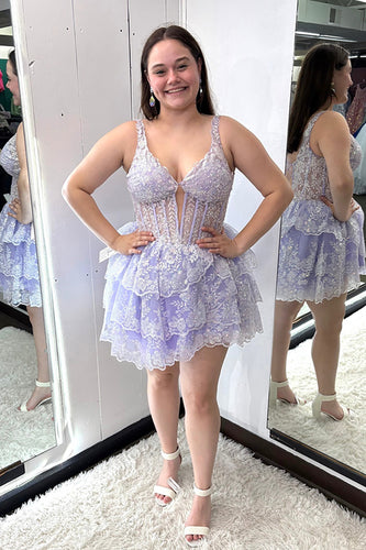 Lilac Thick Straps Lace Ruffled A-Line Short Corset Prom Dress
