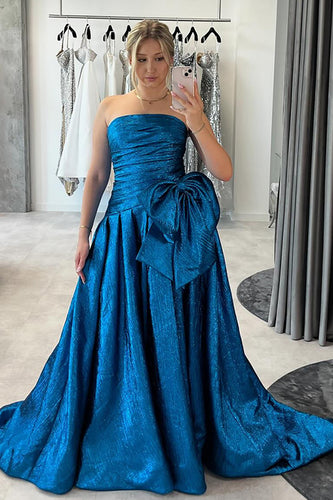 Sparkly Blue Strapless Metallic A-Line Long Prom Dress with Bow