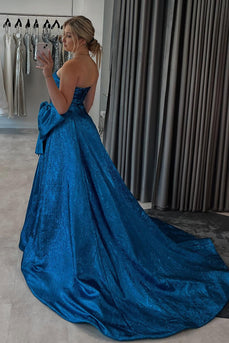 Sparkly Blue Strapless Metallic A-Line Long Prom Dress with Bow