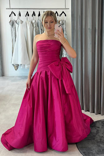 Fuchsia Satin Strapless Ruched A-Line Long Prom Dress with Bow