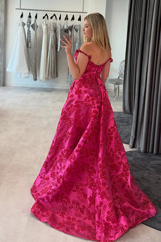 Fuchsia Scoop Neck Floral A-Line Long Corset Prom Dress with Slit