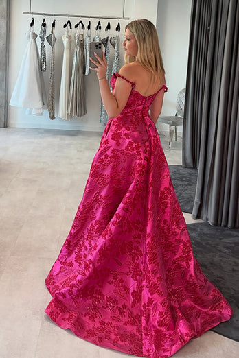 Fuchsia Scoop Neck Floral A-Line Long Corset Prom Dress with Slit