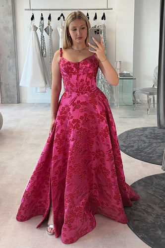 Fuchsia Scoop Neck Floral A-Line Long Corset Prom Dress with Slit