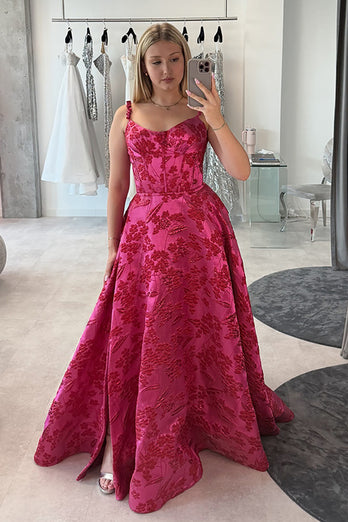 Fuchsia Scoop Neck Floral A-Line Long Corset Prom Dress with Slit