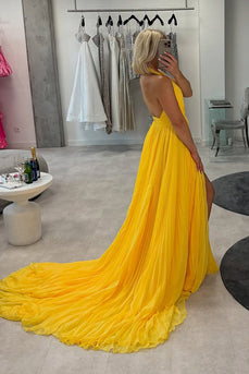 Yellow Chiffon Halter A-Line Pleated Long Prom Dress with Slit