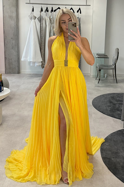 Yellow Chiffon Halter A-Line Pleated Long Prom Dress with Slit